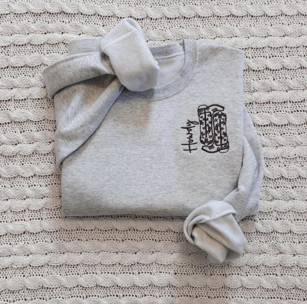 Howdy Cowboy Boots Embroidered Sweatshirt