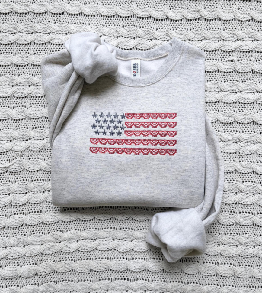 Scalloped American Flag Embroidered Sweatshirt